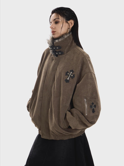 'Frosted Faith' Cross Print Fleece-Lined Thick Jacket AlielNosirrah