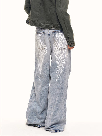 'Faded Wing' Retro Wing Graphic Print Gradient Washed Denim Pants