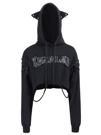 'Feral Cat' Cropped Print Drawstring Spicy Street Hoodie (Copy) AlielNosirrah