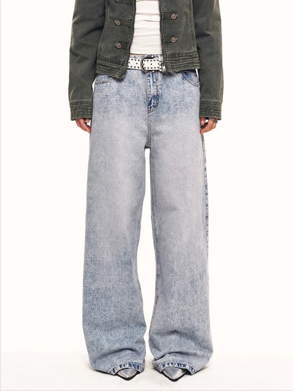 'Faded Wing' Retro Wing Graphic Print Gradient Washed Denim Pants