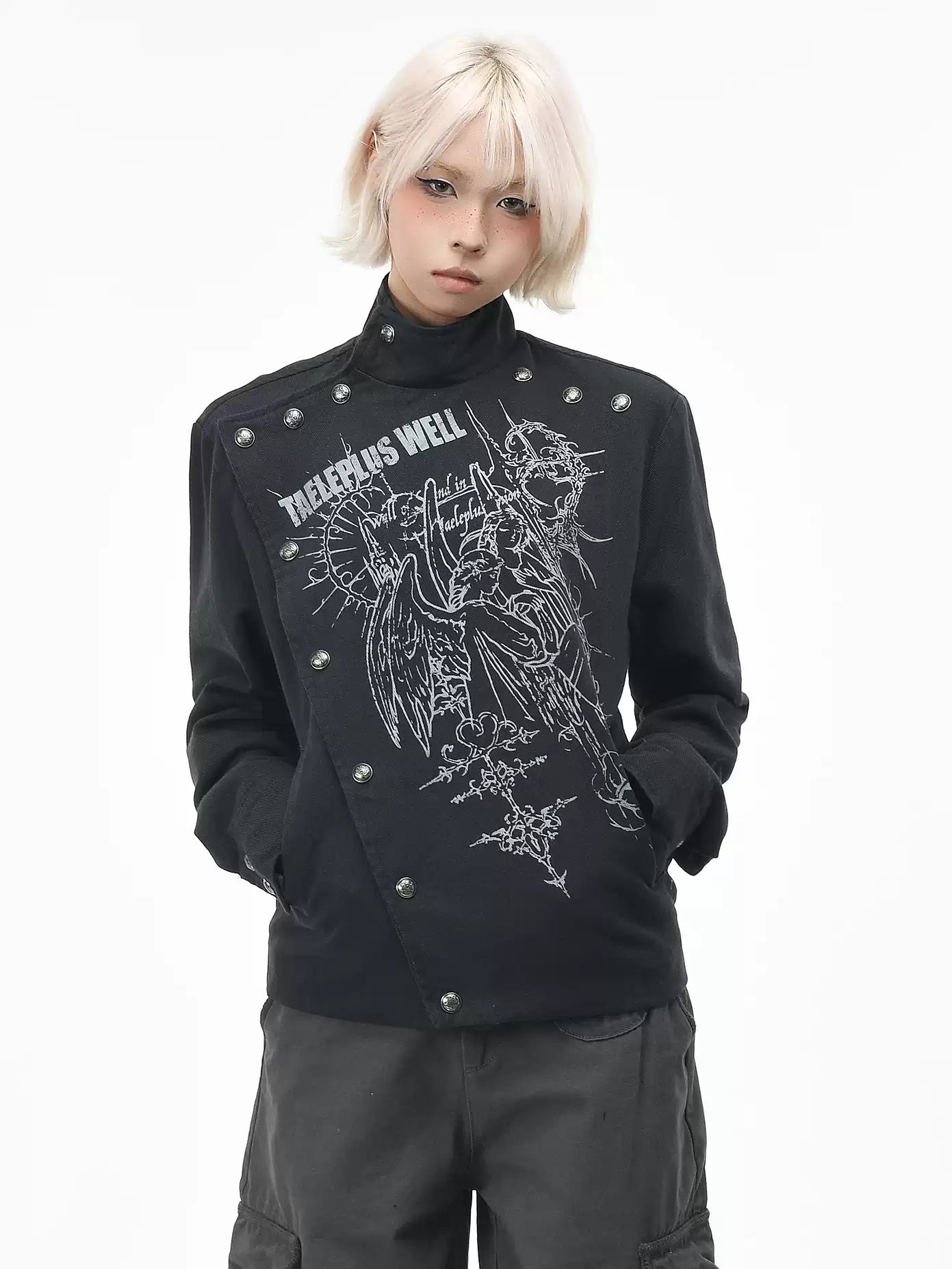 'Clasp Rock' Dark Rock Graphic Print Metal Buckle Cropped Jacket