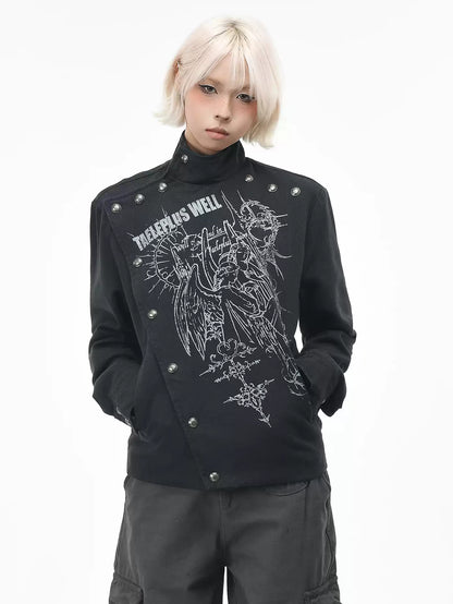 'Clasp Rock' Dark Rock Graphic Print Metal Buckle Cropped Jacket