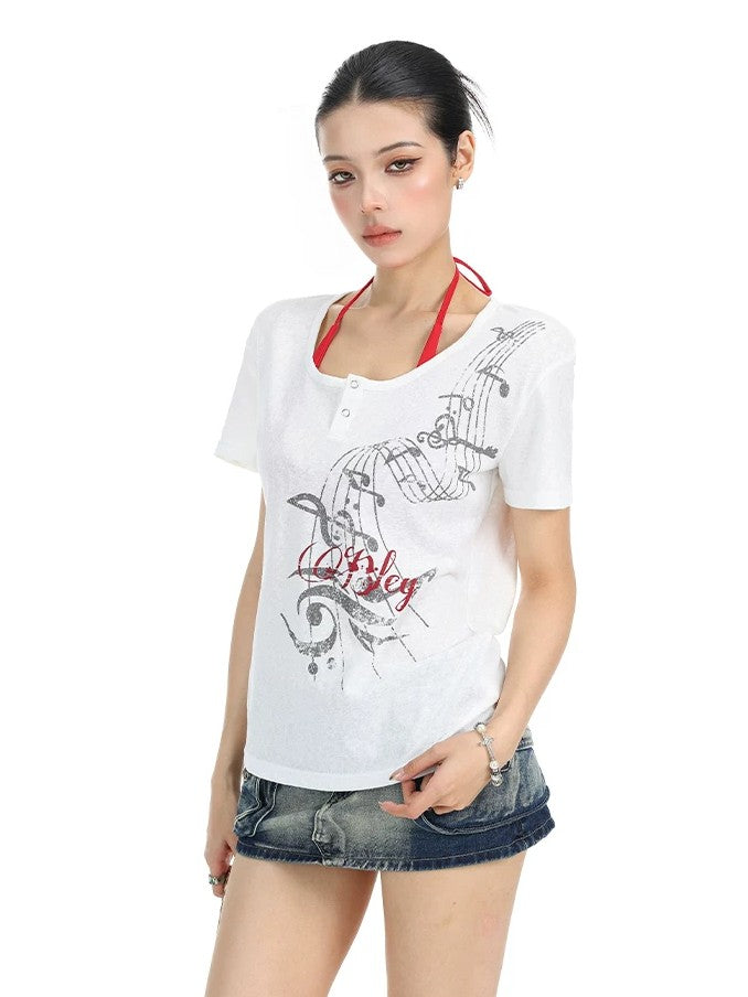 'Melody Era' Music Note Print Scoop Neck T-Shirt AlielNosirrah