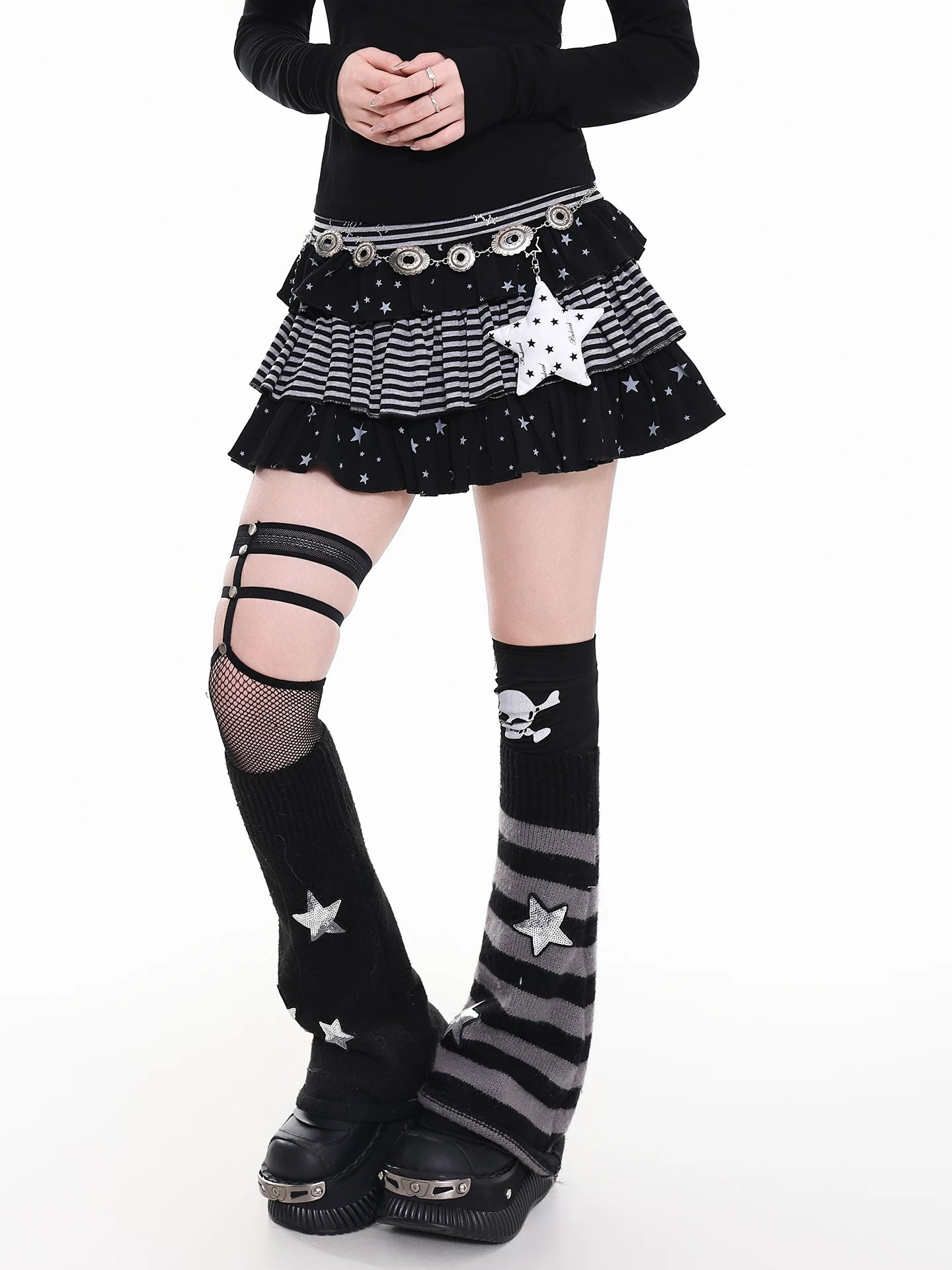 'Star Glow' Y2K Patchwork Striped Star Puffy Skirt AlielNosirrah