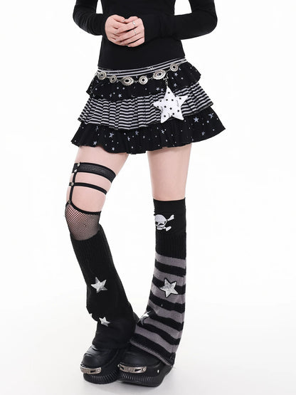 'Star Glow' Y2K Patchwork Striped Star Puffy Skirt AlielNosirrah