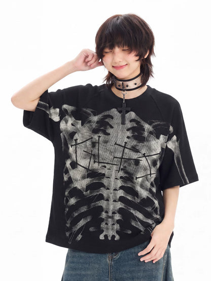 'BoneEcho' Gothic Skeleton Print Short Sleeve T-Shirt