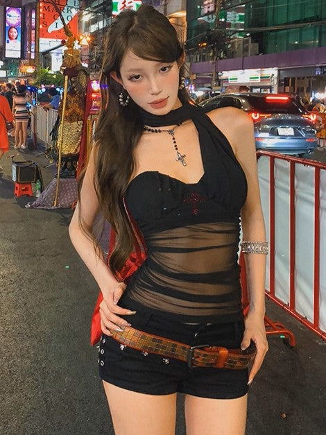 'Dazzling Summer' Mesh Halter Scarf Tube Built-In Padding Top AlielNosirrah