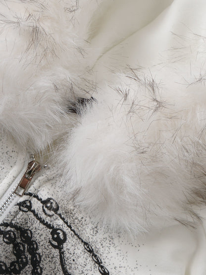 'Holy Charm' Chain-Print Fur Collar Graphic Fleece Hoodie (Copy) AlielNosirrah