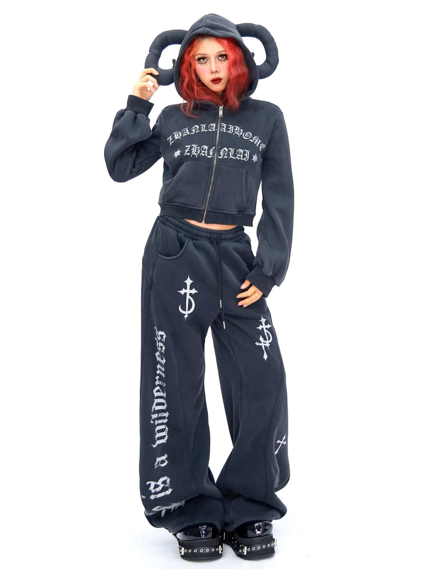 ’Wild Horned' Demon Horn Cropped Hoodie + Wide-Leg Pants Set AlielNosirrah