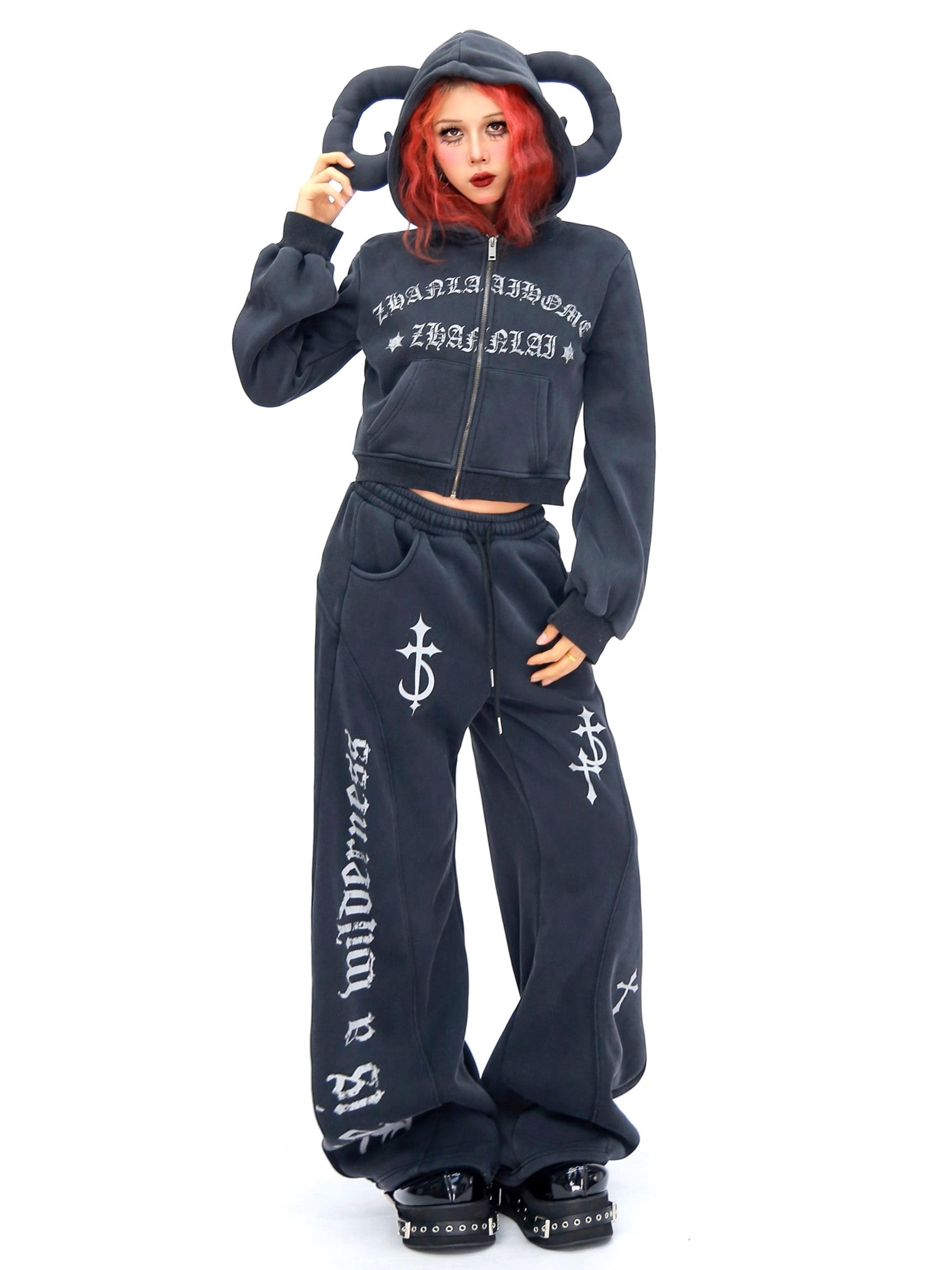 ’Wild Horned' Demon Horn Cropped Hoodie + Wide-Leg Pants Set AlielNosirrah
