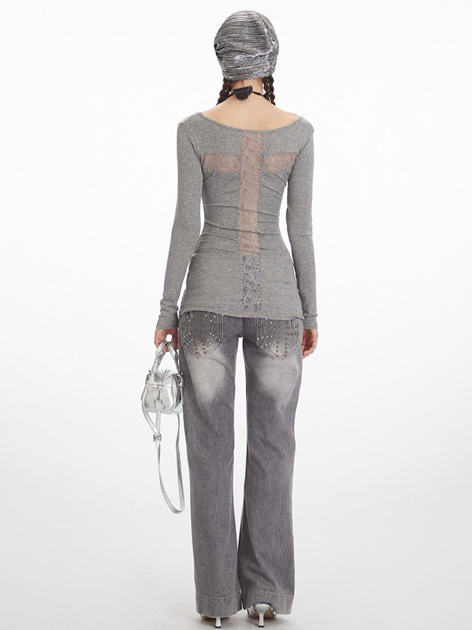 ’Lace Cross' Hot Girl Sexy Autumn Layering Tee Cross Back Lace Slim-Fit Long Sleeve Top AlielNosirrah