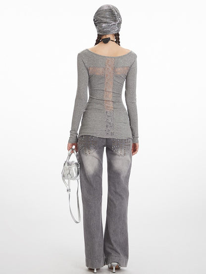 ’Lace Cross' Hot Girl Sexy Autumn Layering Tee Cross Back Lace Slim-Fit Long Sleeve Top AlielNosirrah