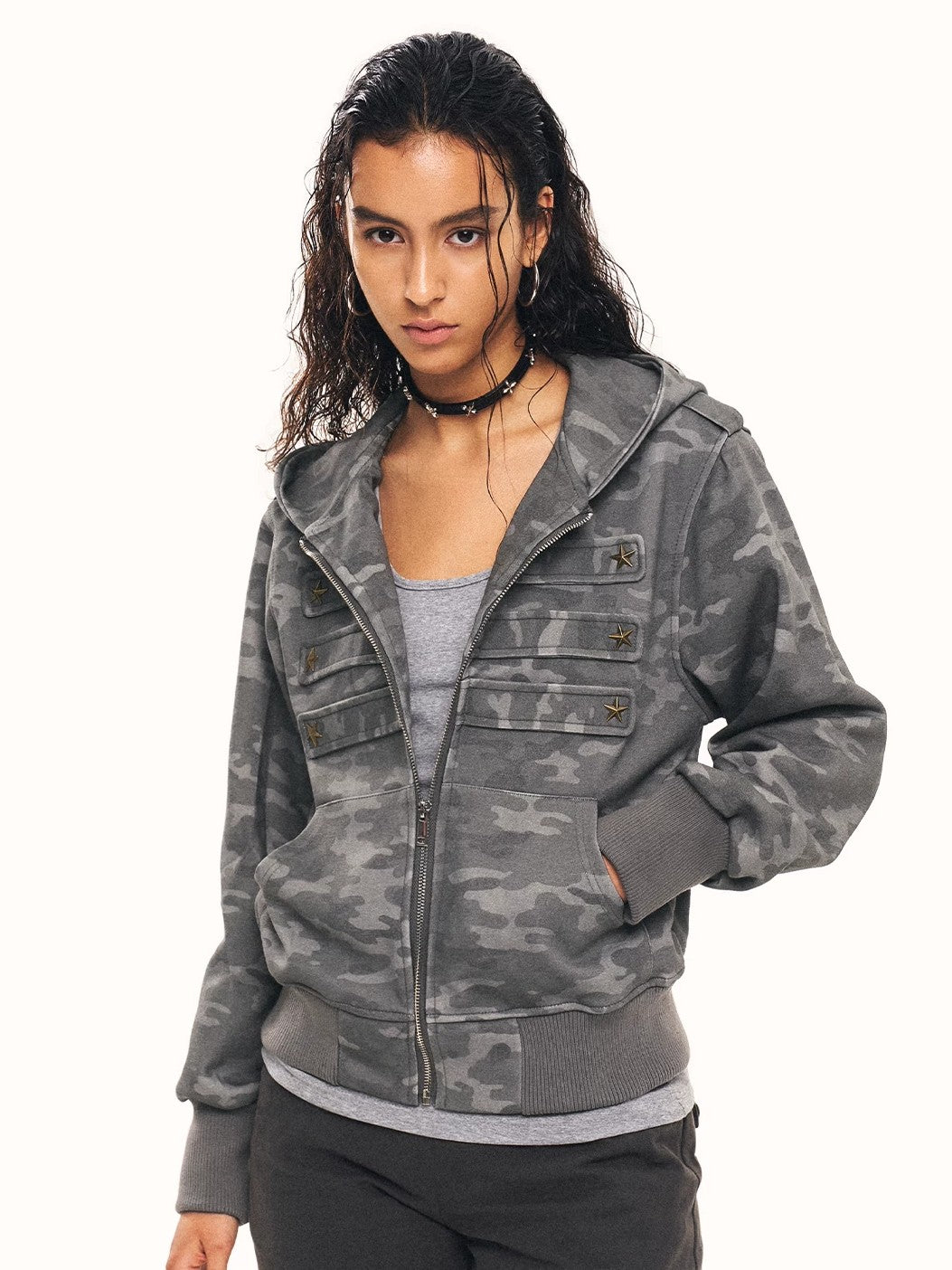 'Star Relic' Retro Distressed Star‑Shaped Buckles Camouflage Hooded