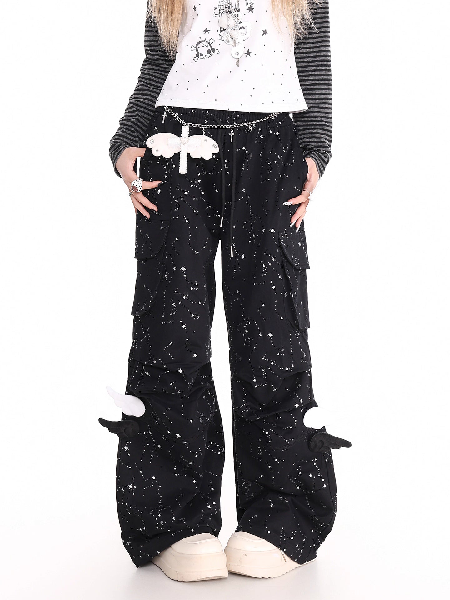 'Cosmic Angel' Sparkling Star Print Wing-Detail Cargo Pants AlielNosirrah