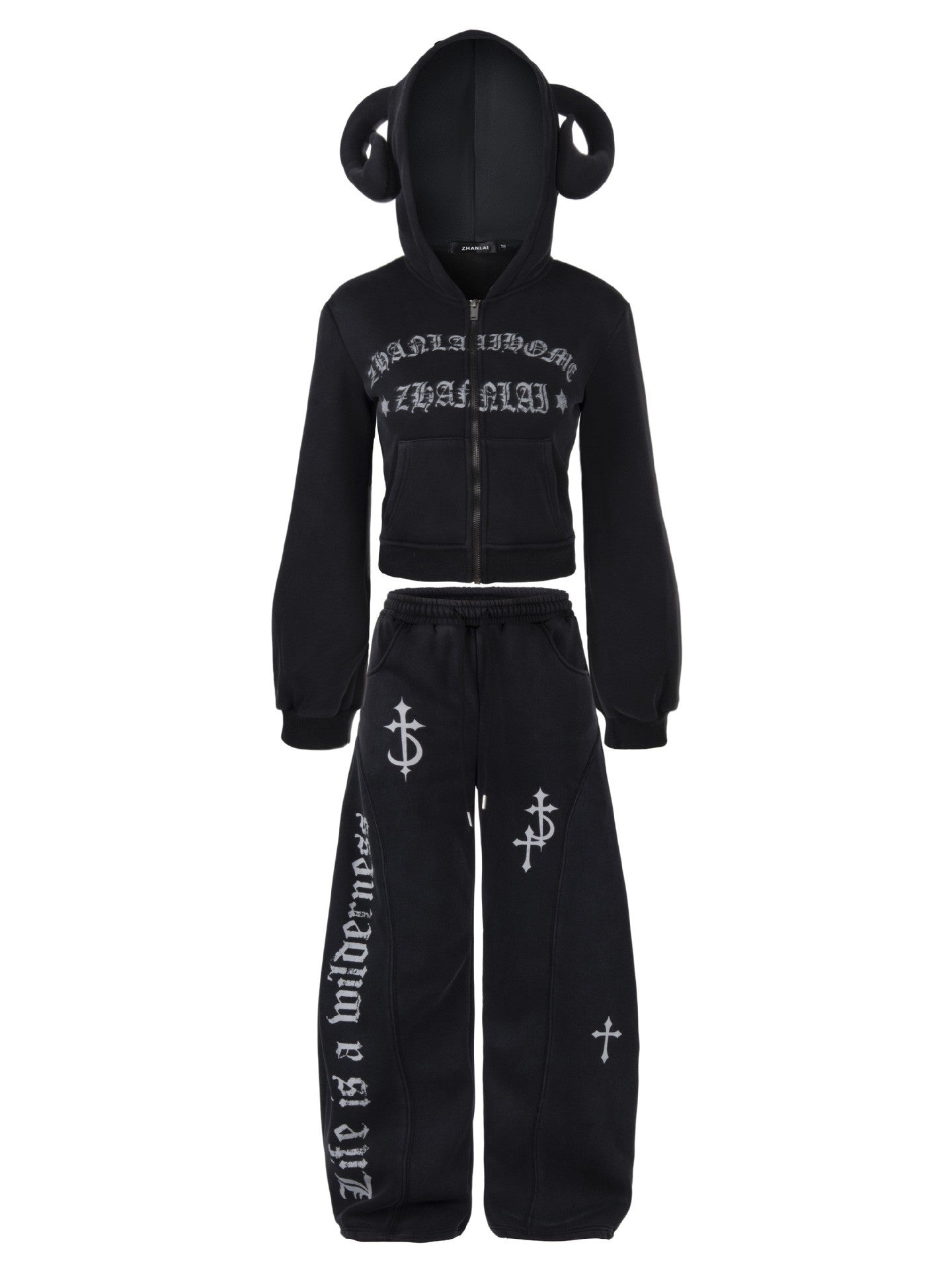 ’Wild Horned' Demon Horn Cropped Hoodie + Wide-Leg Pants Set AlielNosirrah