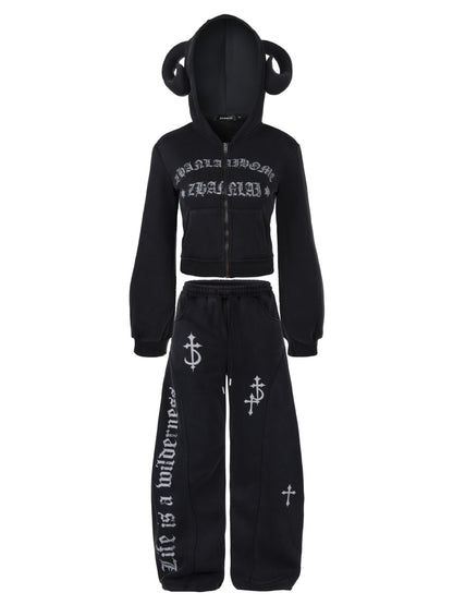 ’Wild Horned' Demon Horn Cropped Hoodie + Wide-Leg Pants Set AlielNosirrah