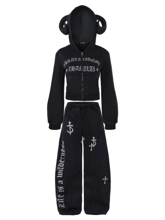’Wild Horned' Demon Horn Cropped Hoodie + Wide-Leg Pants Set AlielNosirrah