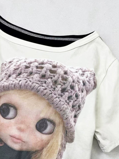 'Doll Pop' Retro Cartoon Print Y2K Asymmetrical Shoulder Tee AlielNosirrah