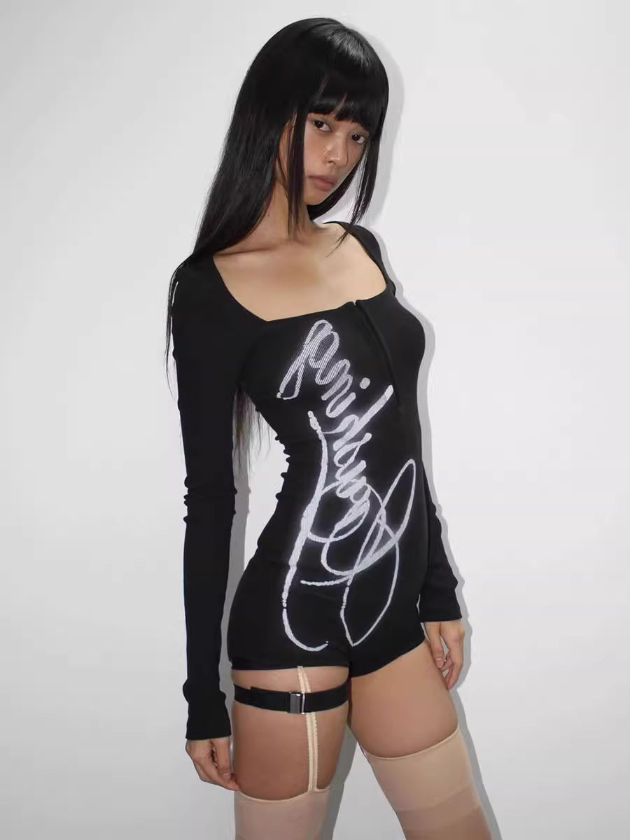 'LetterBabe' Letter Print Square Neck Long Sleeve Fitted Romper Top AlielNosirrah