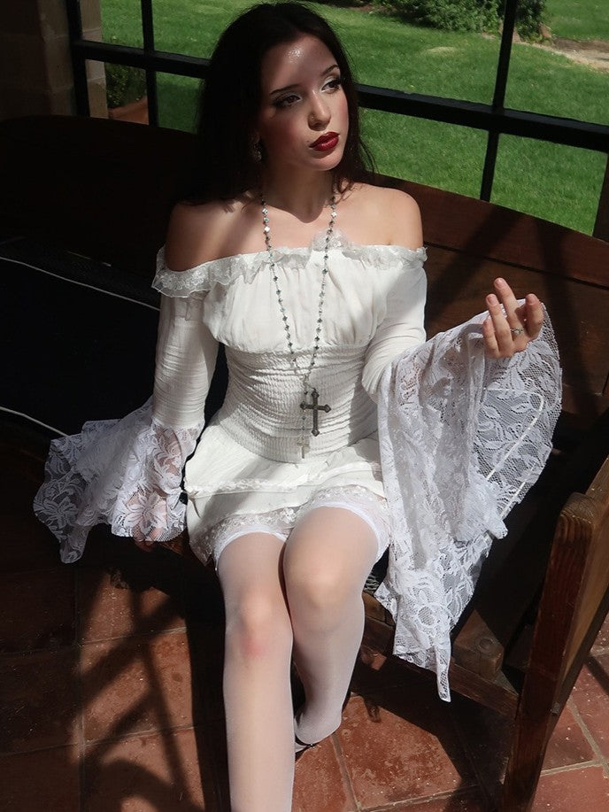 'Nocturne Lace' Goth Lace-Trim Off-Shoulder Dress AlielNosirrah