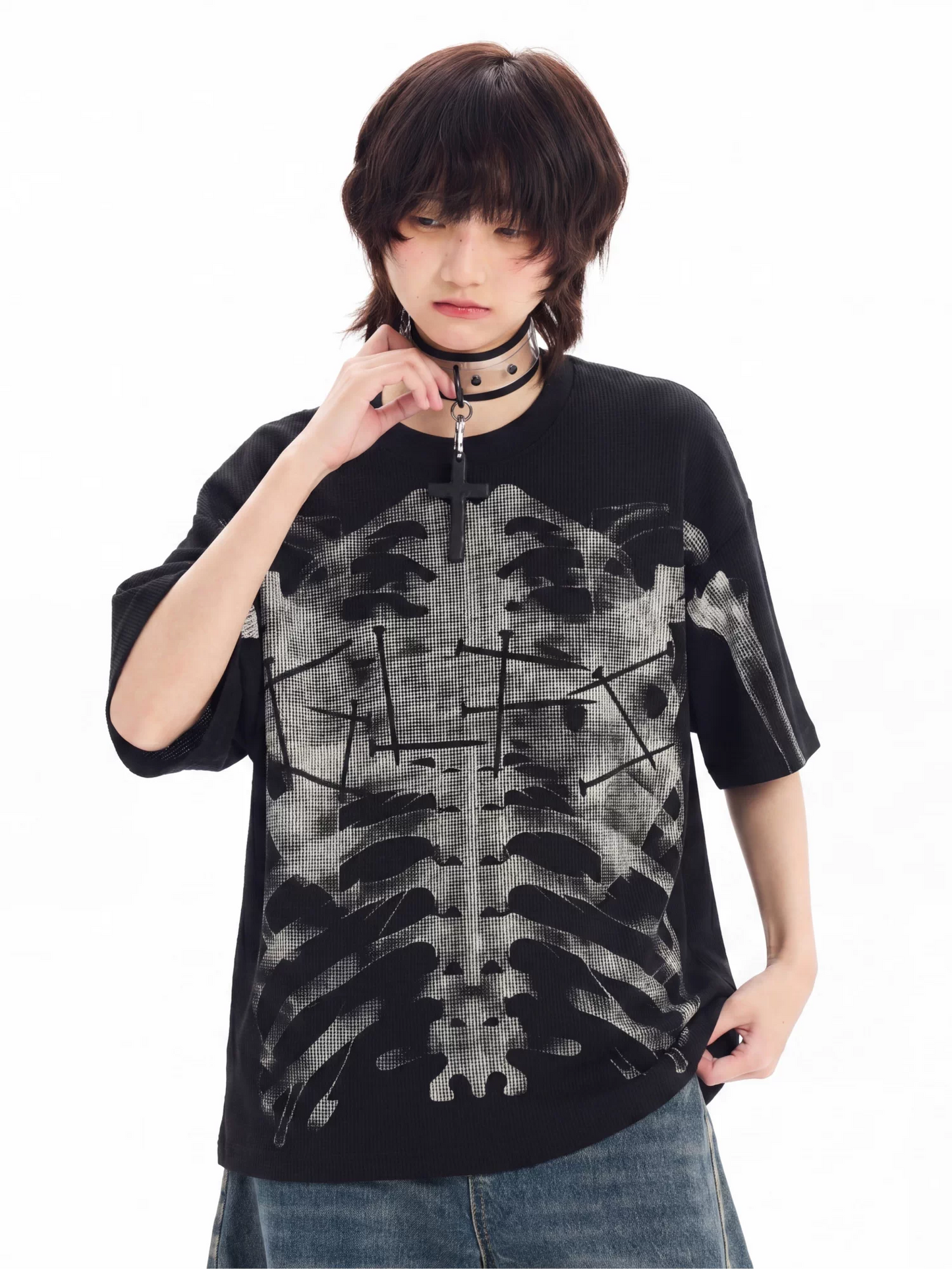 'BoneEcho' Gothic Skeleton Print Short Sleeve T-Shirt