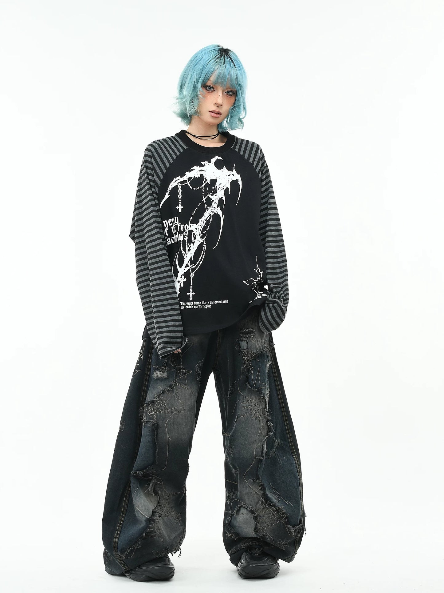 'GothWave' Gothic Striped Color Block Long Sleeve T-Shirt