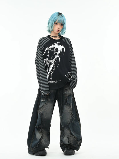 'GothWave' Gothic Striped Color Block Long Sleeve T-Shirt