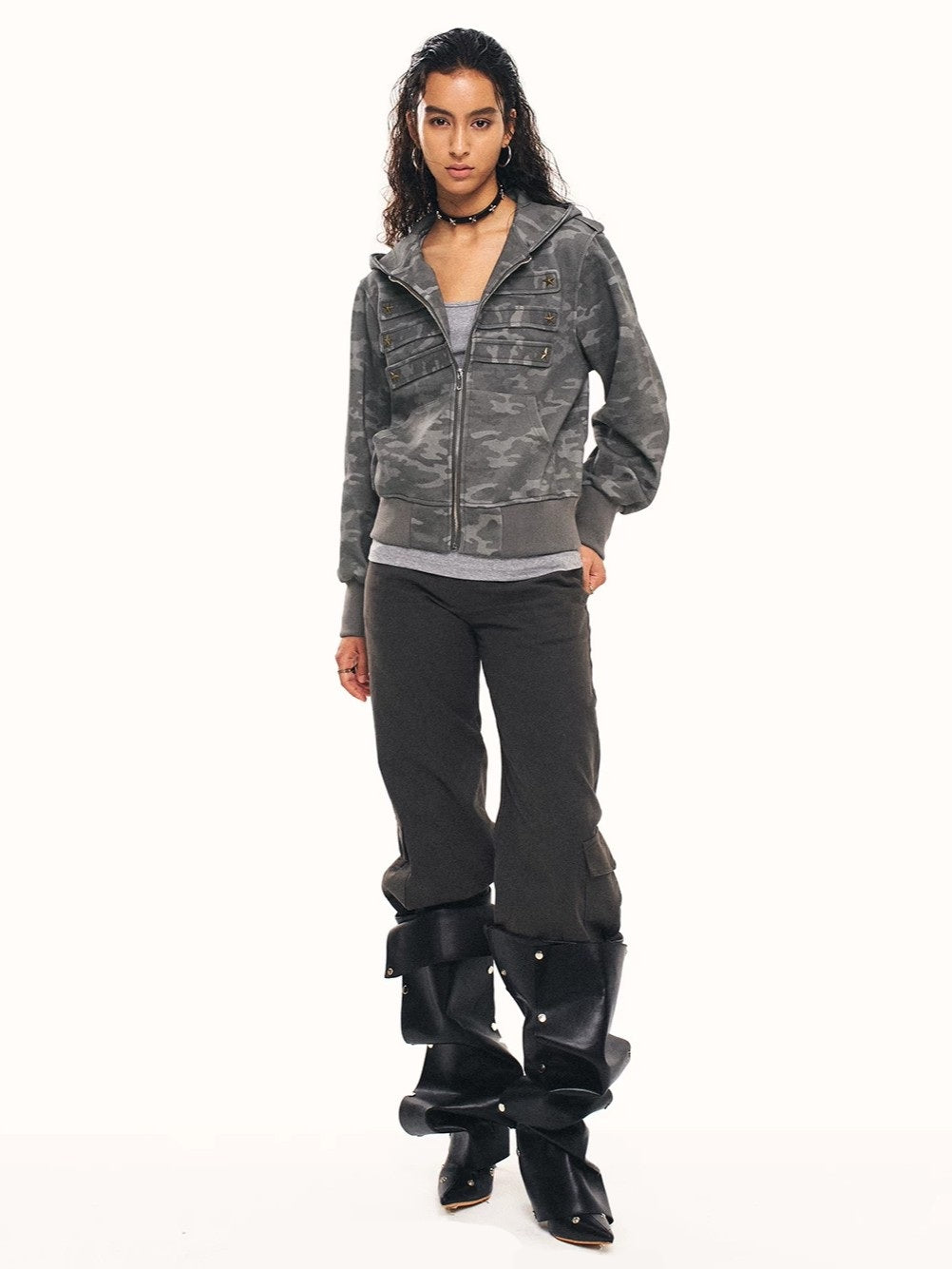 'Star Relic' Retro Distressed Star‑Shaped Buckles Camouflage Hooded