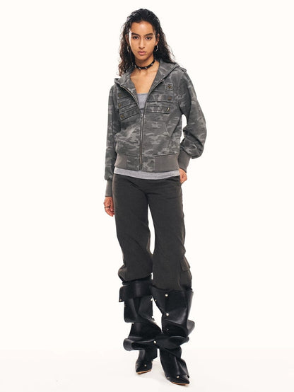 'Star Relic' Retro Distressed Star‑Shaped Buckles Camouflage Hooded
