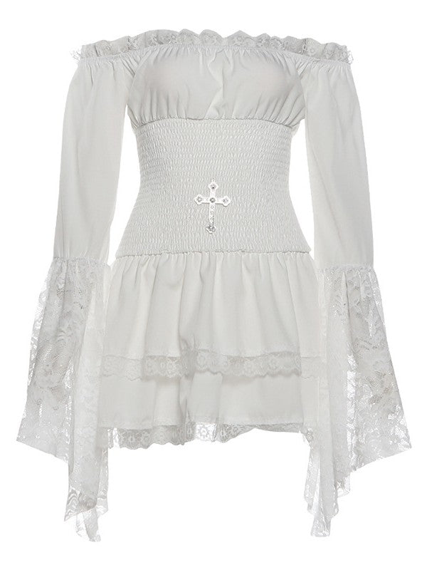 'Nocturne Lace' Goth Lace-Trim Off-Shoulder Dress AlielNosirrah