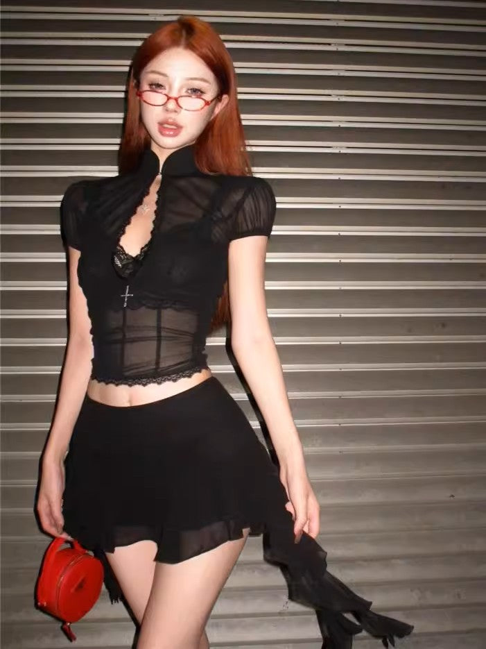 'Heatwave' Sexy Mesh Long-Sleeve Top & Mini Skirt Two-Piece Set AlielNosirrah