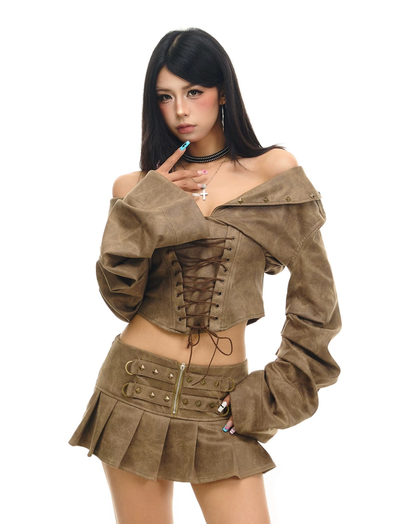 'Rustic Dusk' Off Shoulder Lapel Waist Flared Sleeve Corset Top