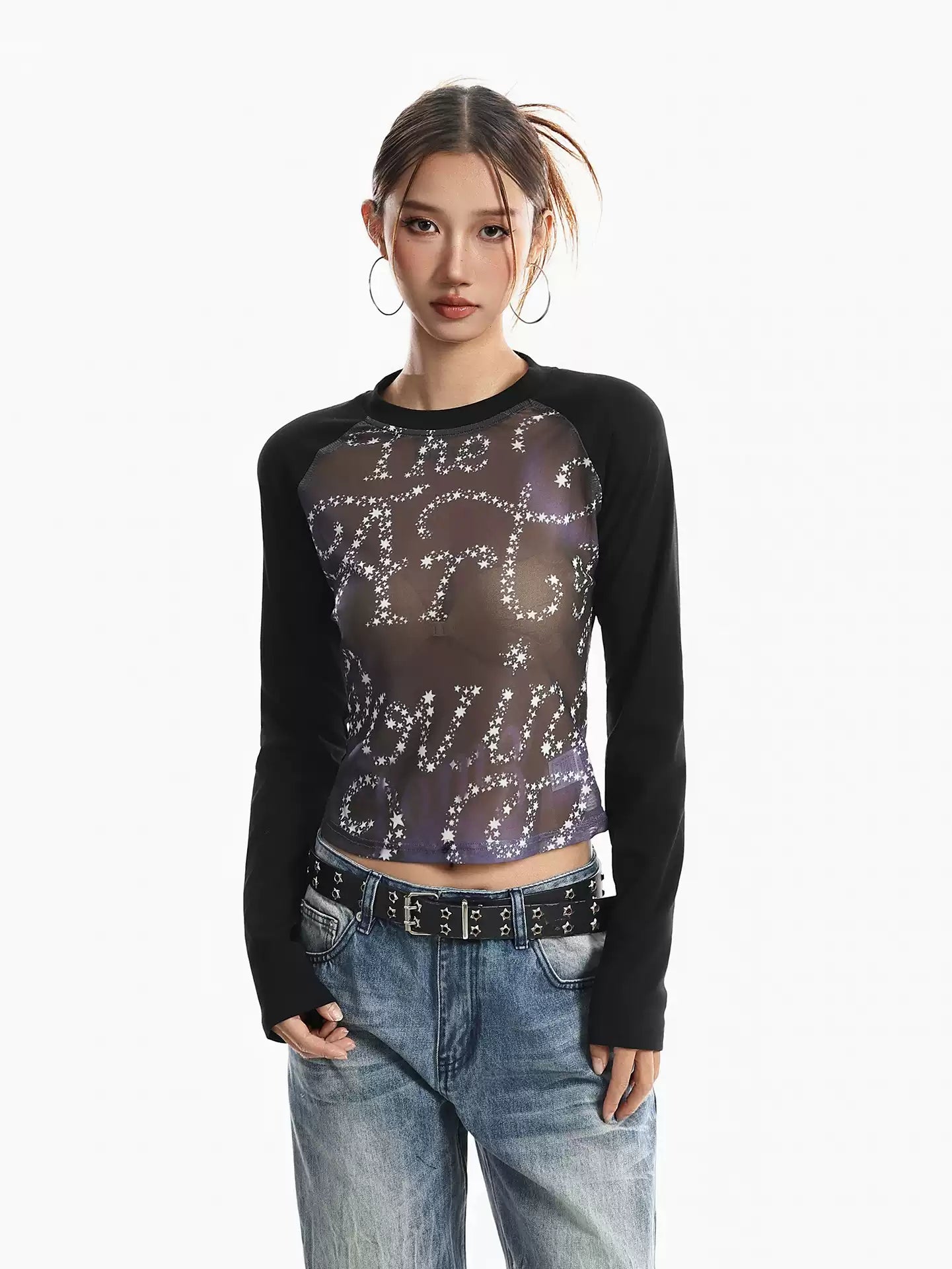 'Dreaming' Vintage Print Mesh Patchwork Long Sleeve Top AlielNosirrah