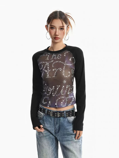 'Dreaming' Vintage Print Mesh Patchwork Long Sleeve Top AlielNosirrah