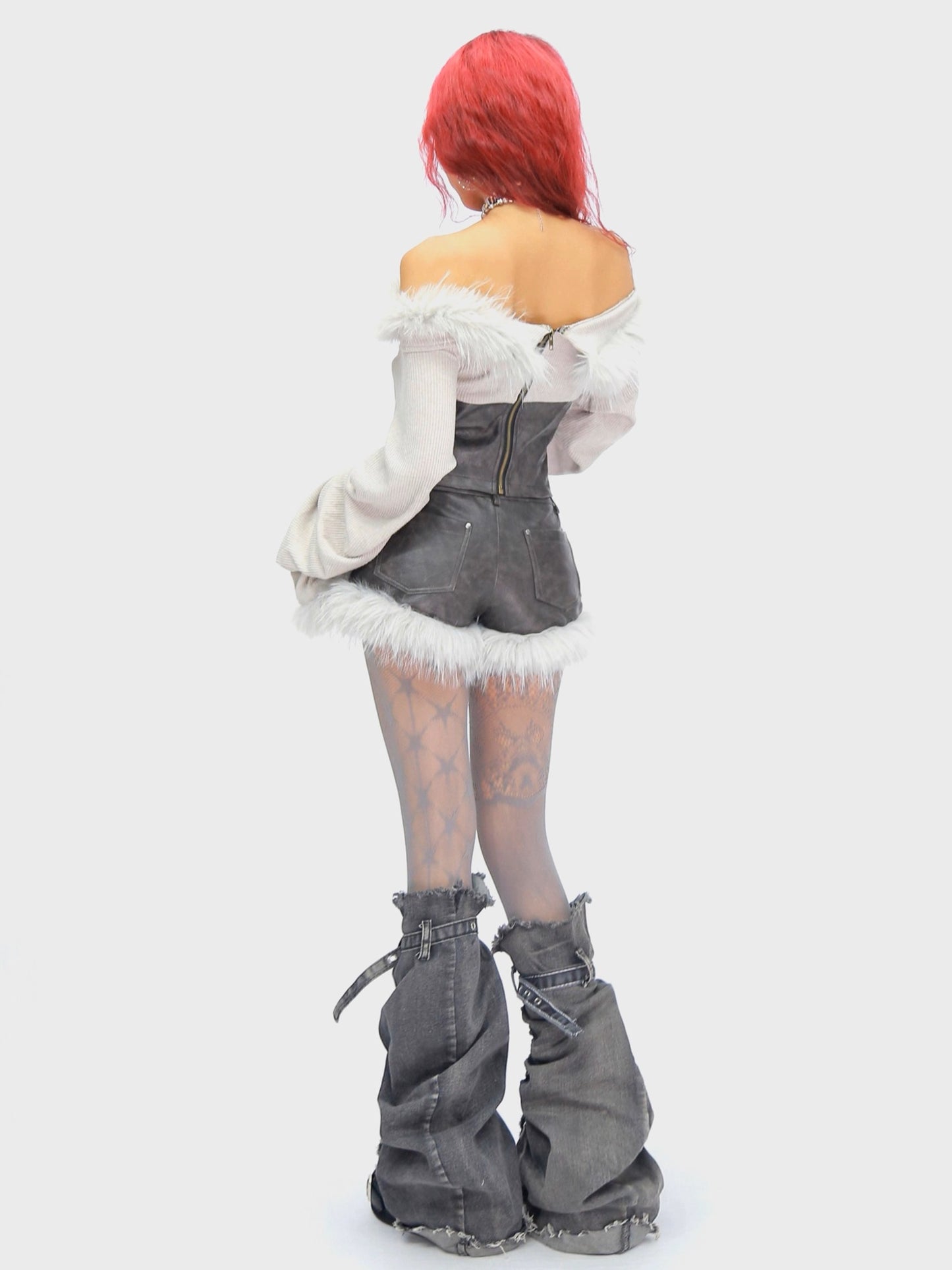 ’Wild Heart' Y2K Faux Fur Off-Shoulder Long Sleeve Top + Shorts Set (Copy) AlielNosirrah