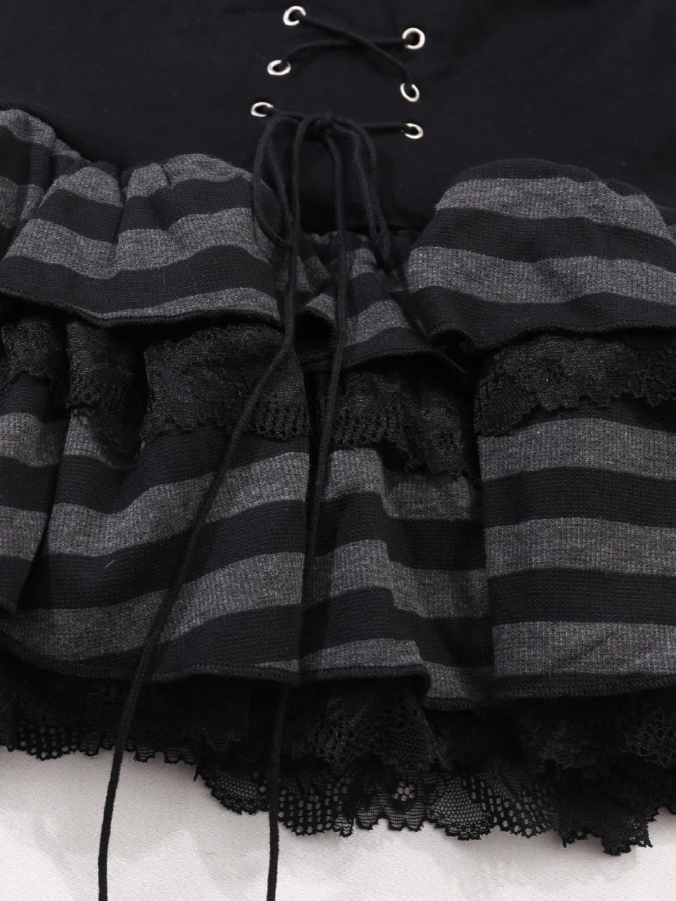 'Striped Cat' Lace-Up Cat Ear Hoodie & High-Waist Lace Layered Skirt Set AlielNosirrah