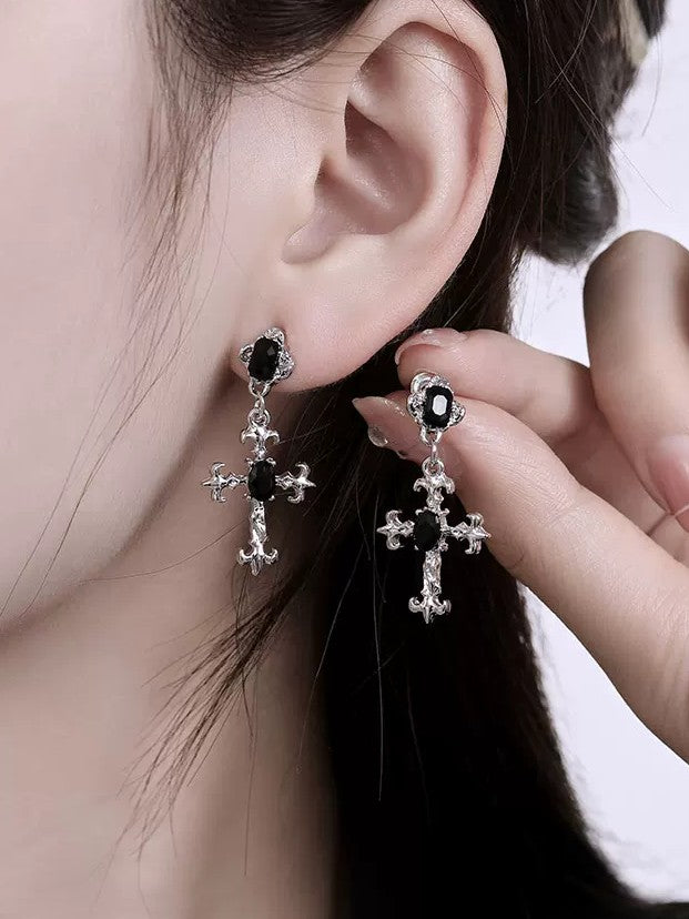 'Obsidian Faith' Gothic Black Stone Cross Pendants Earrings