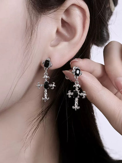 'Obsidian Faith' Gothic Black Stone Cross Pendants Earrings
