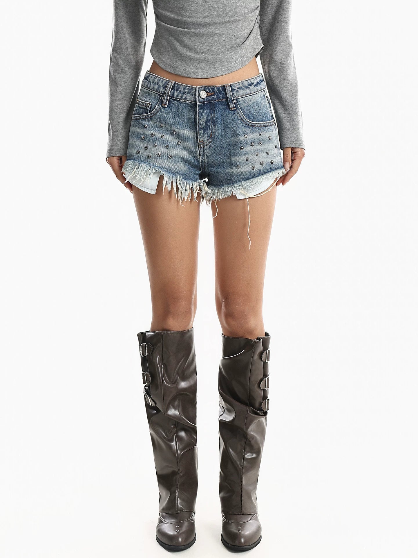 'Street Outlaw' Vintage Studded Raw Hem Denim Shorts AlielNosirrah