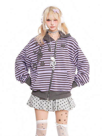 'Melody Stripes' Oversized Retro Y2K  Asymmetrical Zipper Striped Hoodie AlielNosirrah