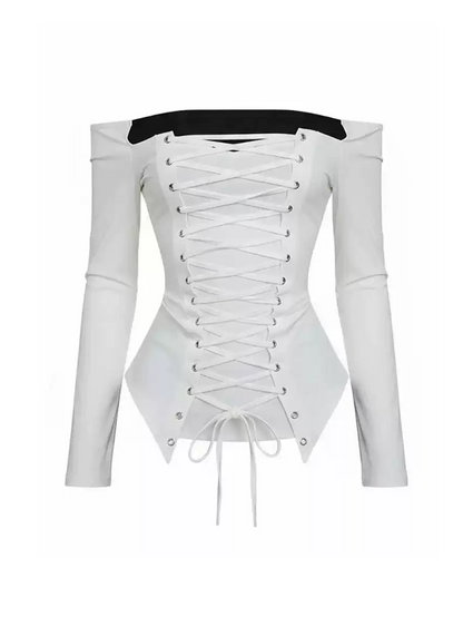 'Cream Bandage' White Off Shoulder Tie Waist Fitted Top
