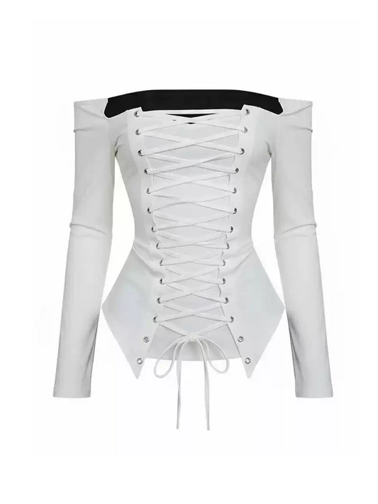 'Cream Bandage' White Off Shoulder Tie Waist Fitted Top