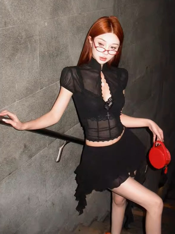 'Heatwave' Sexy Mesh Long-Sleeve Top & Mini Skirt Two-Piece Set AlielNosirrah