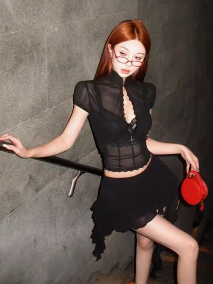 'Heatwave' Sexy Mesh Long-Sleeve Top & Mini Skirt Two-Piece Set AlielNosirrah