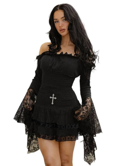 'Nocturne Lace' Goth Lace-Trim Off-Shoulder Dress AlielNosirrah