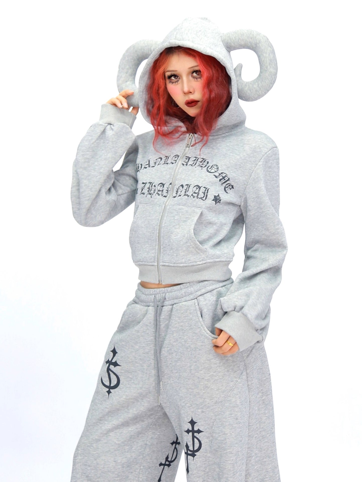 ’Wild Horned' Demon Horn Cropped Hoodie + Wide-Leg Pants Set AlielNosirrah