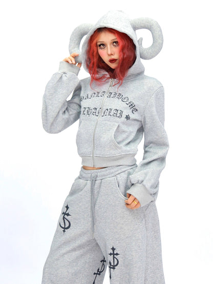 ’Wild Horned' Demon Horn Cropped Hoodie + Wide-Leg Pants Set AlielNosirrah