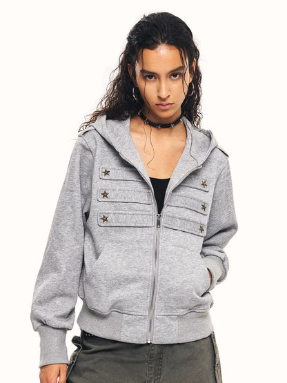 'Star Relic' Retro Distressed Star‑Shaped Buckles Camouflage Hooded