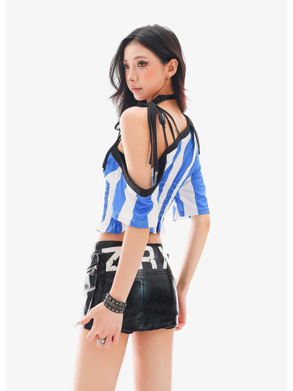 'Matchpoint' Striped Jersey One-Shoulder Cami Top