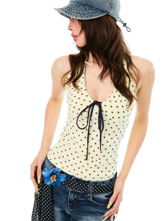 'Milk Star' Y2K Star Print Halter Sleeveless Top AlielNosirrah